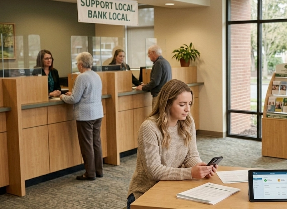 a woman looks at her phone in a local bank with people at the teller stations behind her